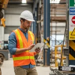 Risk inspection officer conducting safety inspection at industrial site with digital tools