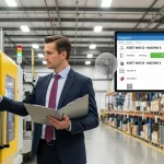 Auditor verifying industrial assets with clipboard and digital tablet in a warehouse.