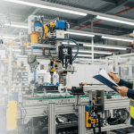Inspector examining machinery with clipboard during pre-inspection in a factory.