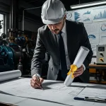 Chartered engineer evaluating machinery with certification document in industrial environment