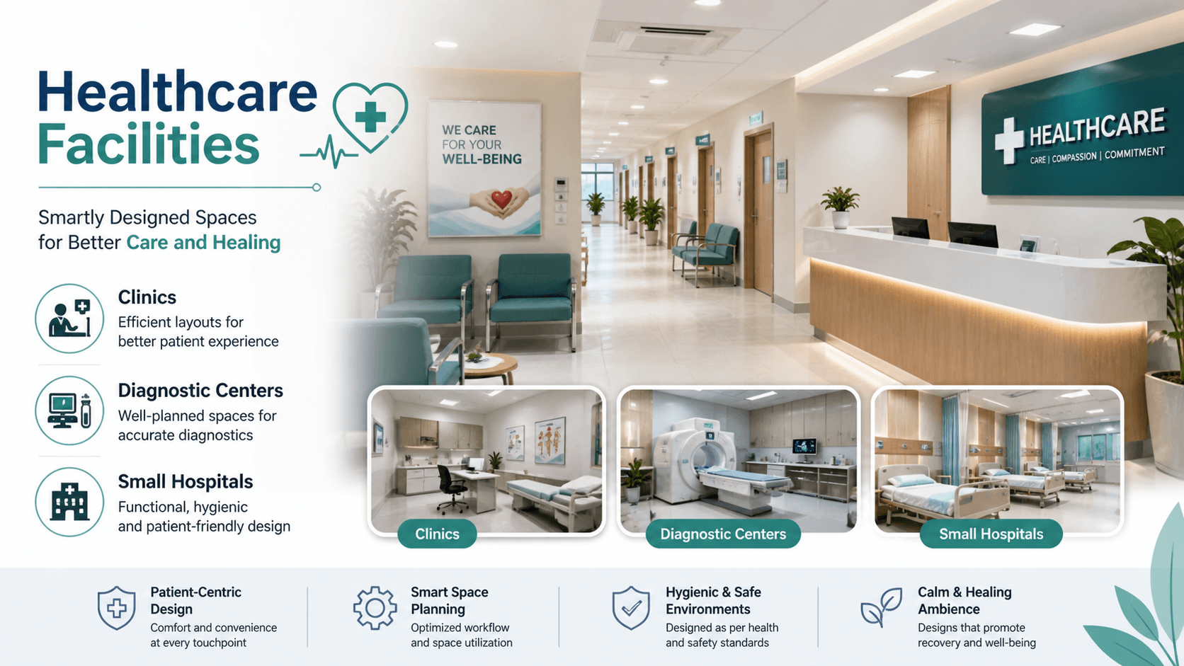 Healthcare facility design and project coordination services by Shamuk India including clinic planning, hospital interiors, Vastu alignment, quality control, and execution management Healthcare Facility Design & Project Coordination | Shamuk India