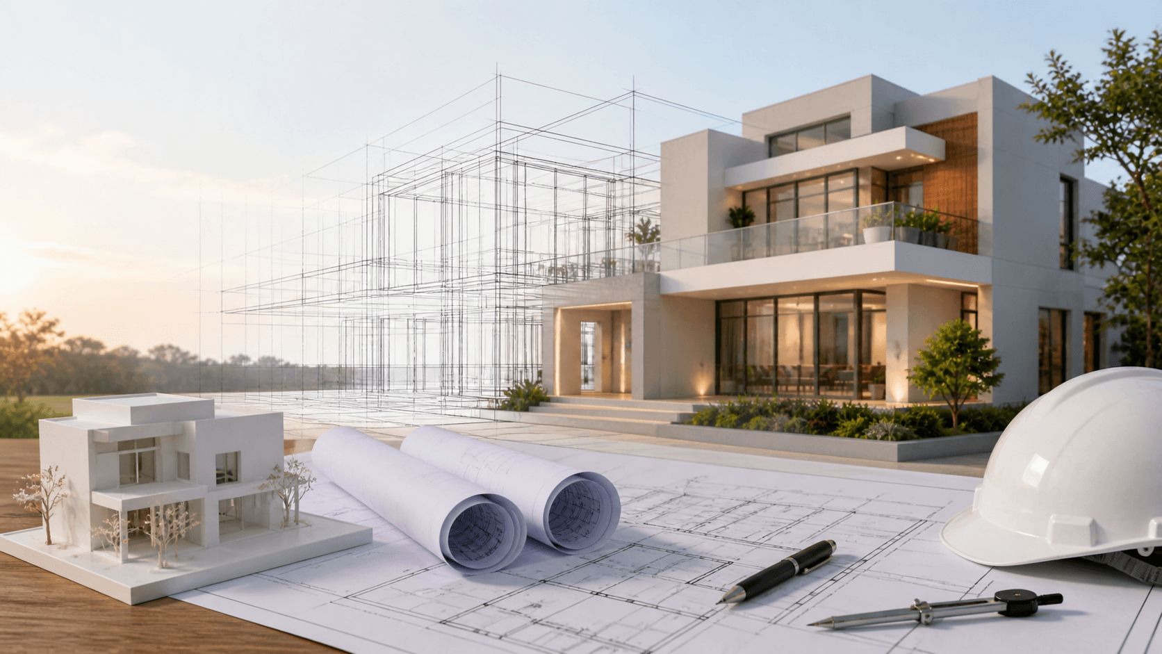 Architectural Design & Planning Services – Shamuk India Architectural design and planning services by Shamuk India showing residential layout, 3D floor plan, building elevation, and blueprint drawings