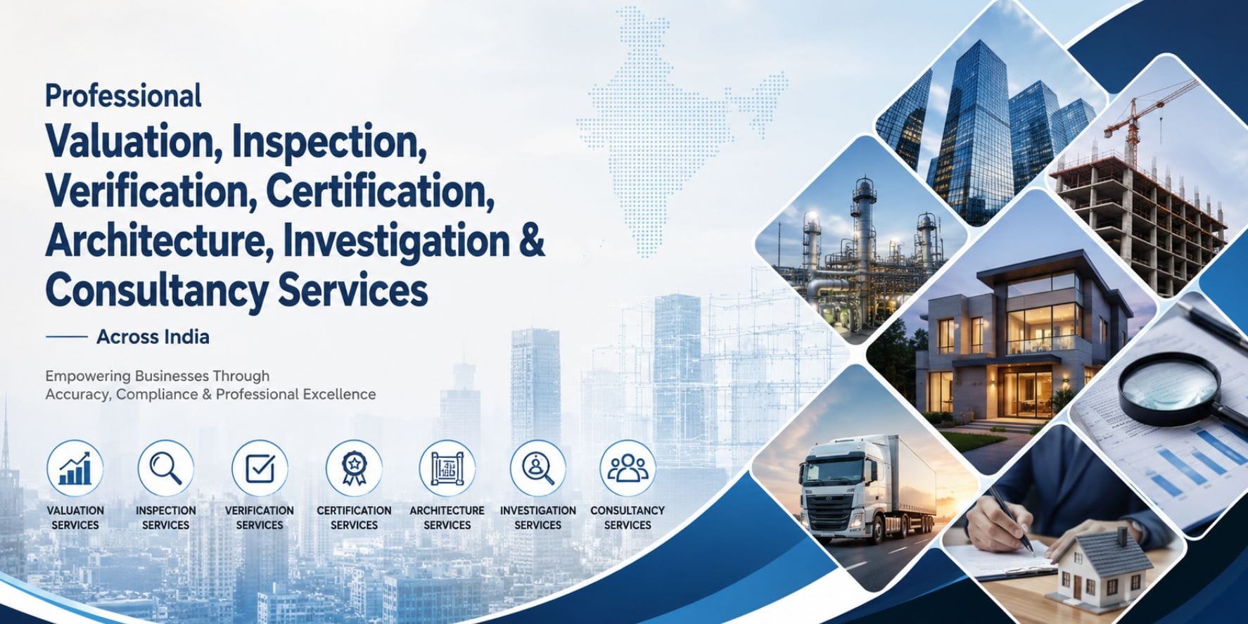 Professional Services Across India | Shamuk India Shamuk India Professional Services Banner showcasing Valuation, Inspection, Verification, Certification, Architecture, Investigation, and Consultancy Services across India with industry, real estate, logistics, and business imagery.