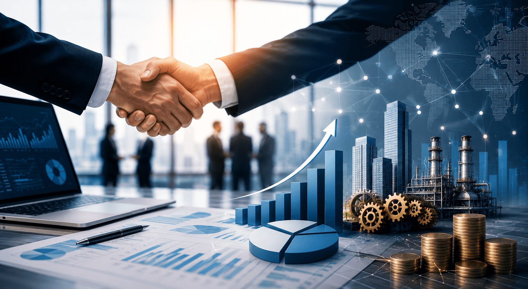 Business valuation concept showing corporate merger, investment analysis, financial growth charts, business enterprise assessment, and strategic valuation services by Shamuk India.