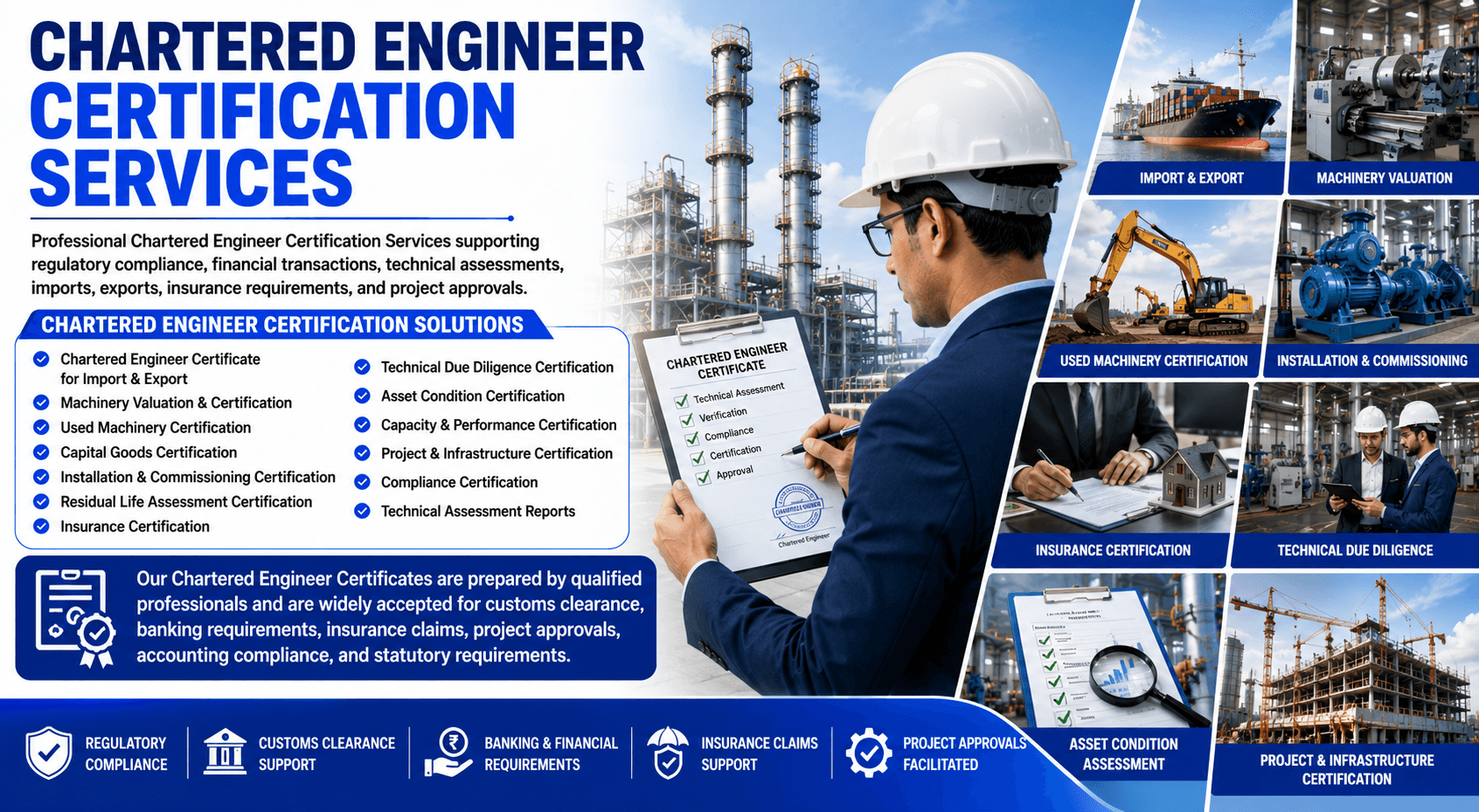 Shamuk India – Chartered Engineer Certification Services for Compliance, Valuation & Technical Assessments Professional Chartered Engineer Certification Services by Shamuk India featuring import-export certification, machinery valuation, technical due diligence, insurance certification, project approvals, infrastructure certification, and compliance assessment services.