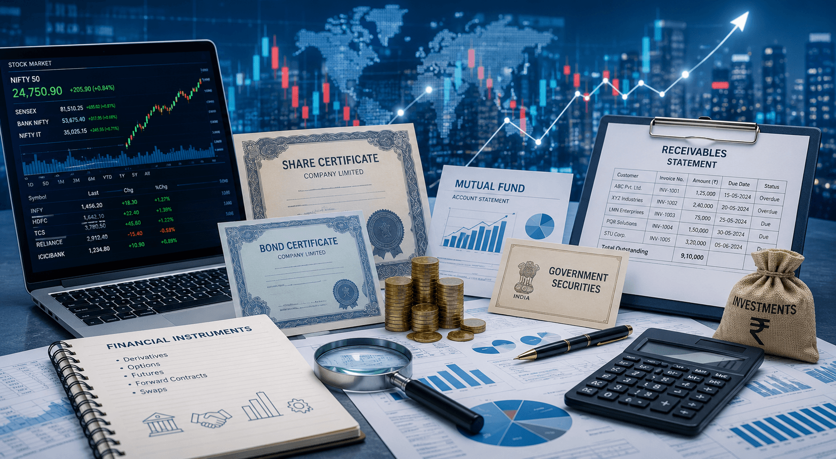 Financial Asset Valuation services by Shamuk India showcasing shares, securities, investments, receivables, financial instruments, stock market analysis, and portfolio assessment.
