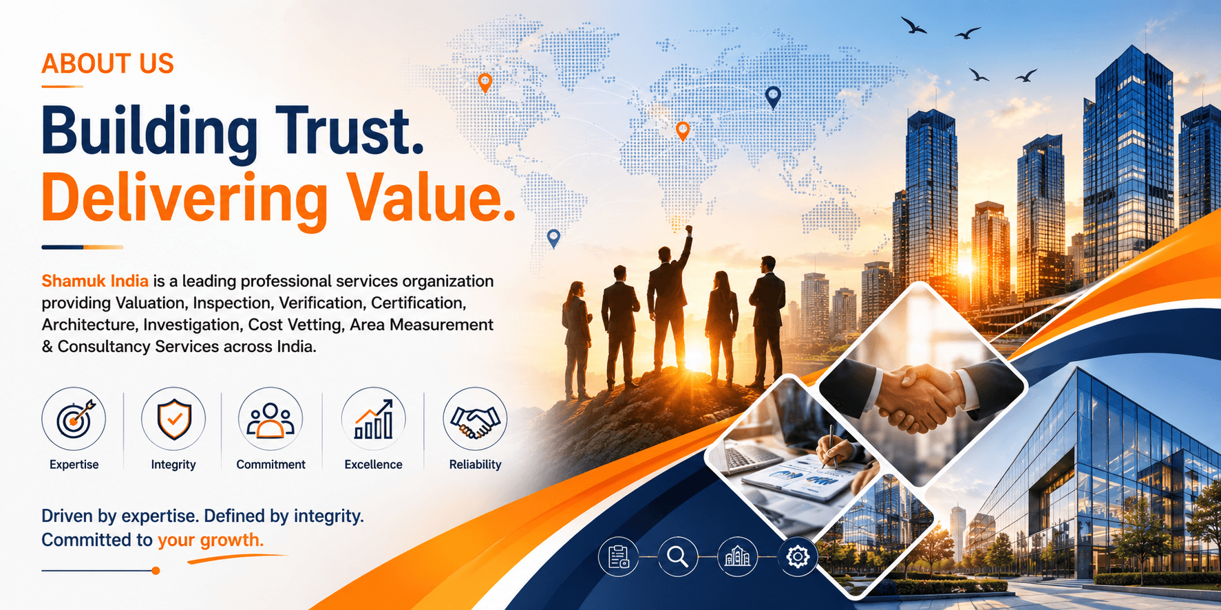 Shamuk India corporate about us banner showcasing professional valuation, inspection, certification, architecture, investigation, and consultancy services across India.