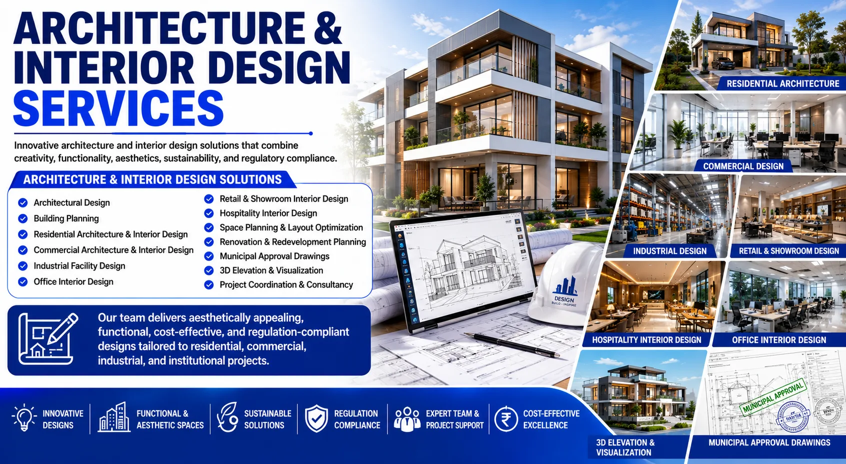 Professional Architecture & Interior Design Services banner by Shamuk India featuring modern residential and commercial buildings, interior design concepts, architectural planning, 3D visualization, office interiors, retail spaces, hospitality projects, and sustainable design solutions with a detailed list of architecture and interior design services.