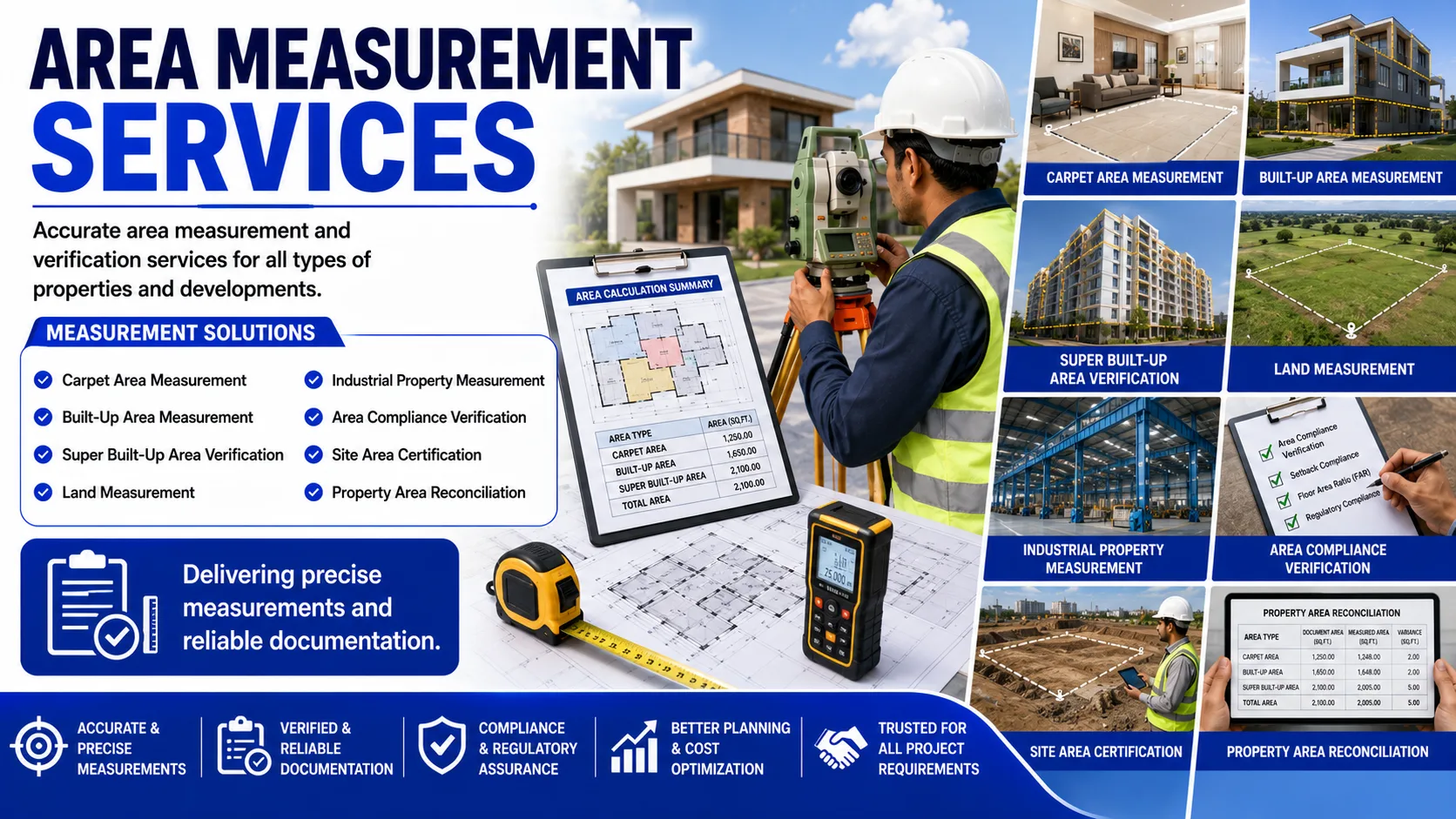 Professional Area Measurement Services banner by Shamuk India featuring property measurement, land surveying, carpet area measurement, built-up area verification, site area certification, and area compliance verification solutions.