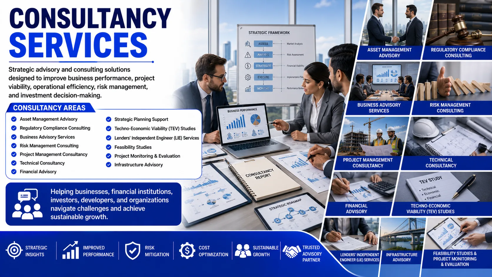 Consultancy Services banner by Shamuk India showcasing strategic advisory, risk management consulting, financial advisory, project management consultancy, TEV studies, LIE services, feasibility studies, and infrastructure advisory solutions.