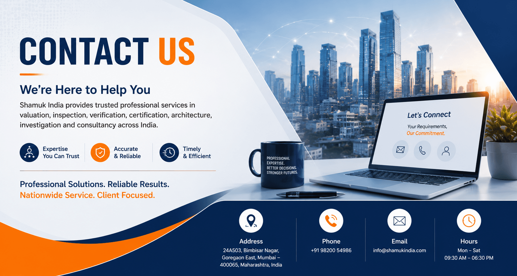 Shamuk India Contact Us banner showcasing professional valuation, inspection, certification, architecture, investigation, and consultancy services across India.
