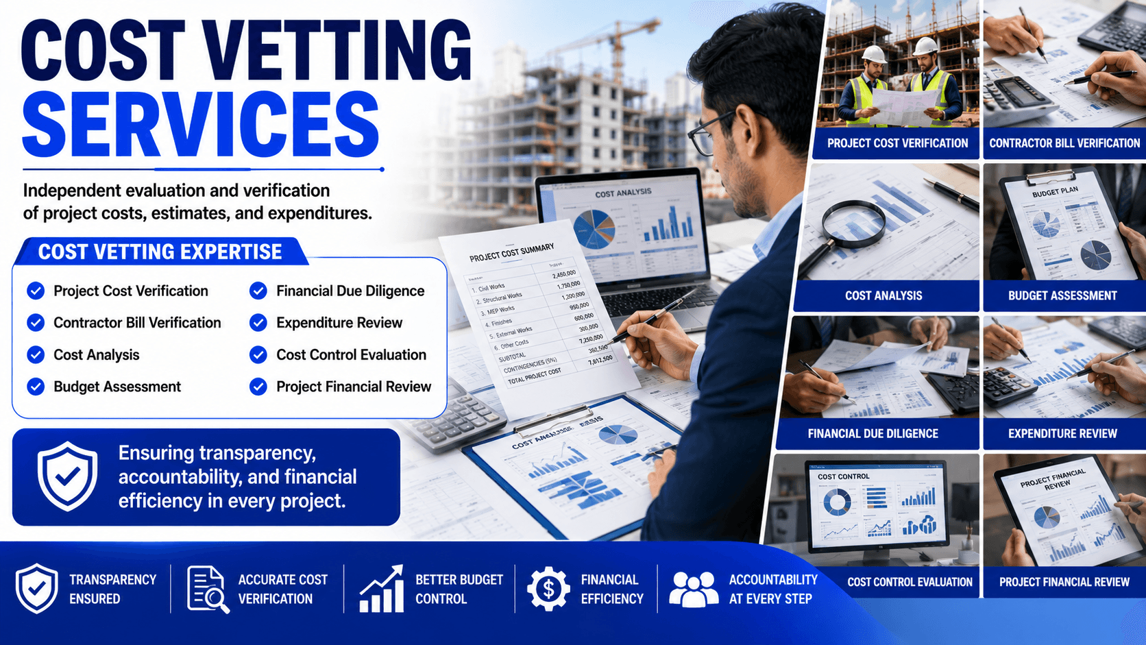 Cost Vetting Services | Project Cost Verification & Financial Review | Shamuk India Professional Cost Vetting Services banner by Shamuk India featuring project cost verification, contractor bill verification, cost analysis, budget assessment, financial due diligence, expenditure review, cost control evaluation, and project financial review with construction and financial auditing visuals.