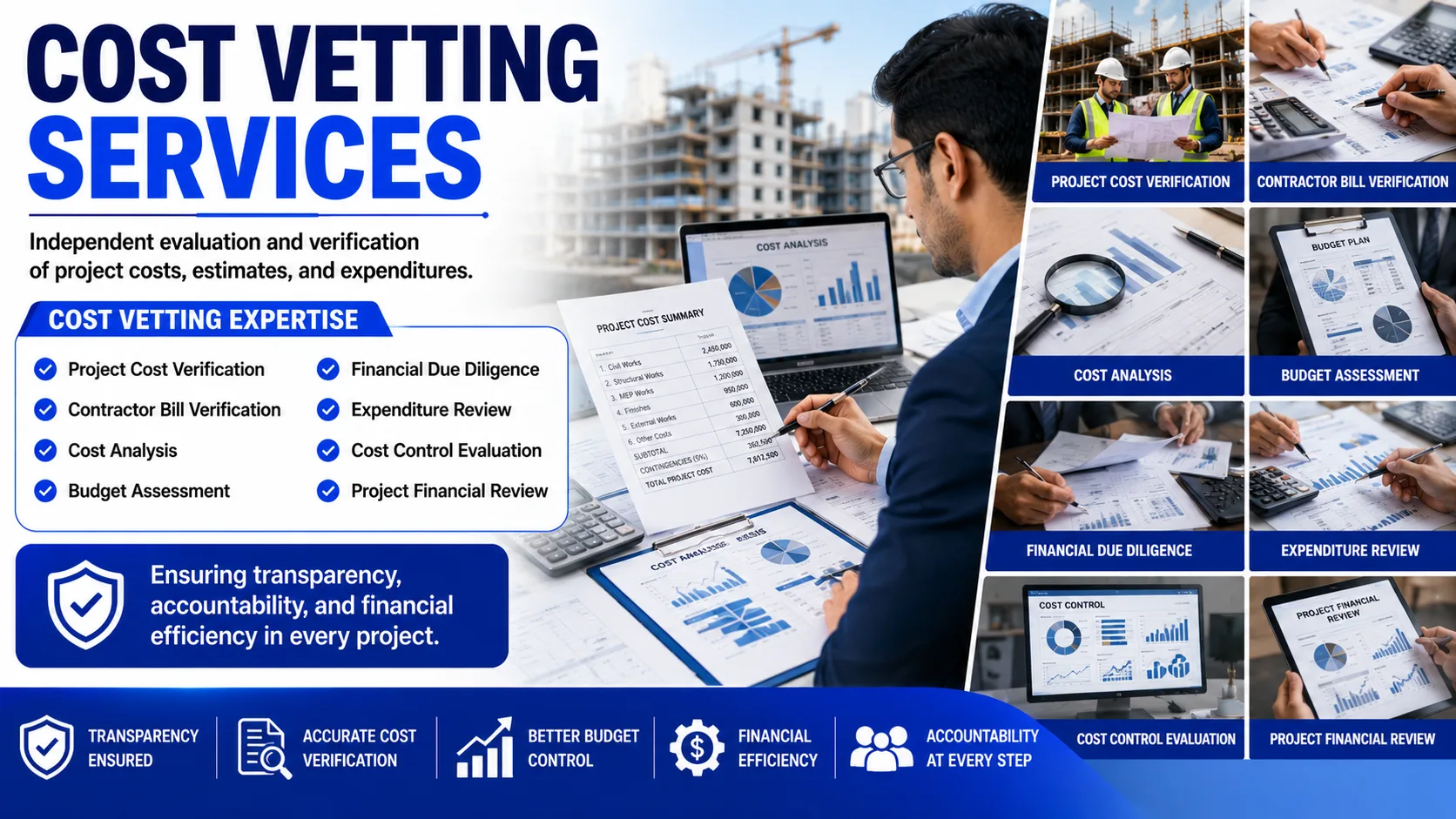 Professional Cost Vetting Services banner by Shamuk India featuring project cost verification, contractor bill verification, cost analysis, budget assessment, financial due diligence, expenditure review, cost control evaluation, and project financial review with construction and financial auditing visuals.
