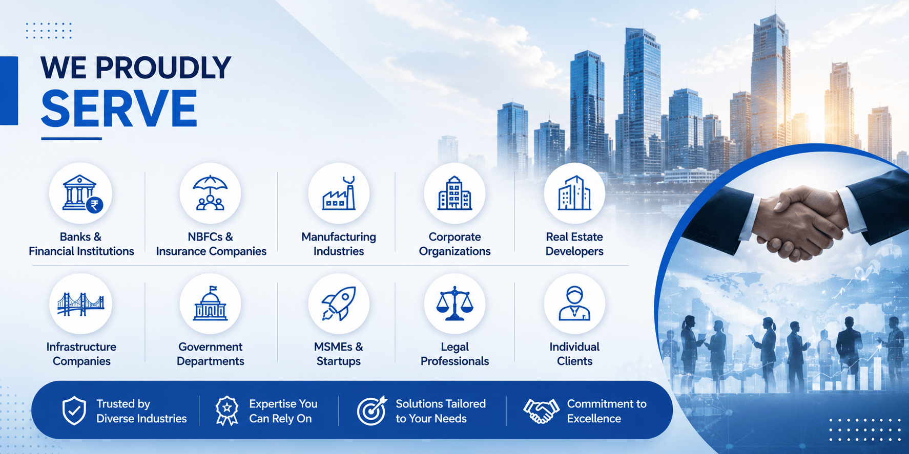 Shamuk India serving banks, NBFCs, insurance companies, manufacturing industries, corporate organizations, real estate developers, infrastructure companies, government departments, MSMEs, startups, legal professionals, and individual clients across India. Shamuk India – Trusted Professional Services for Diverse Industries Across India