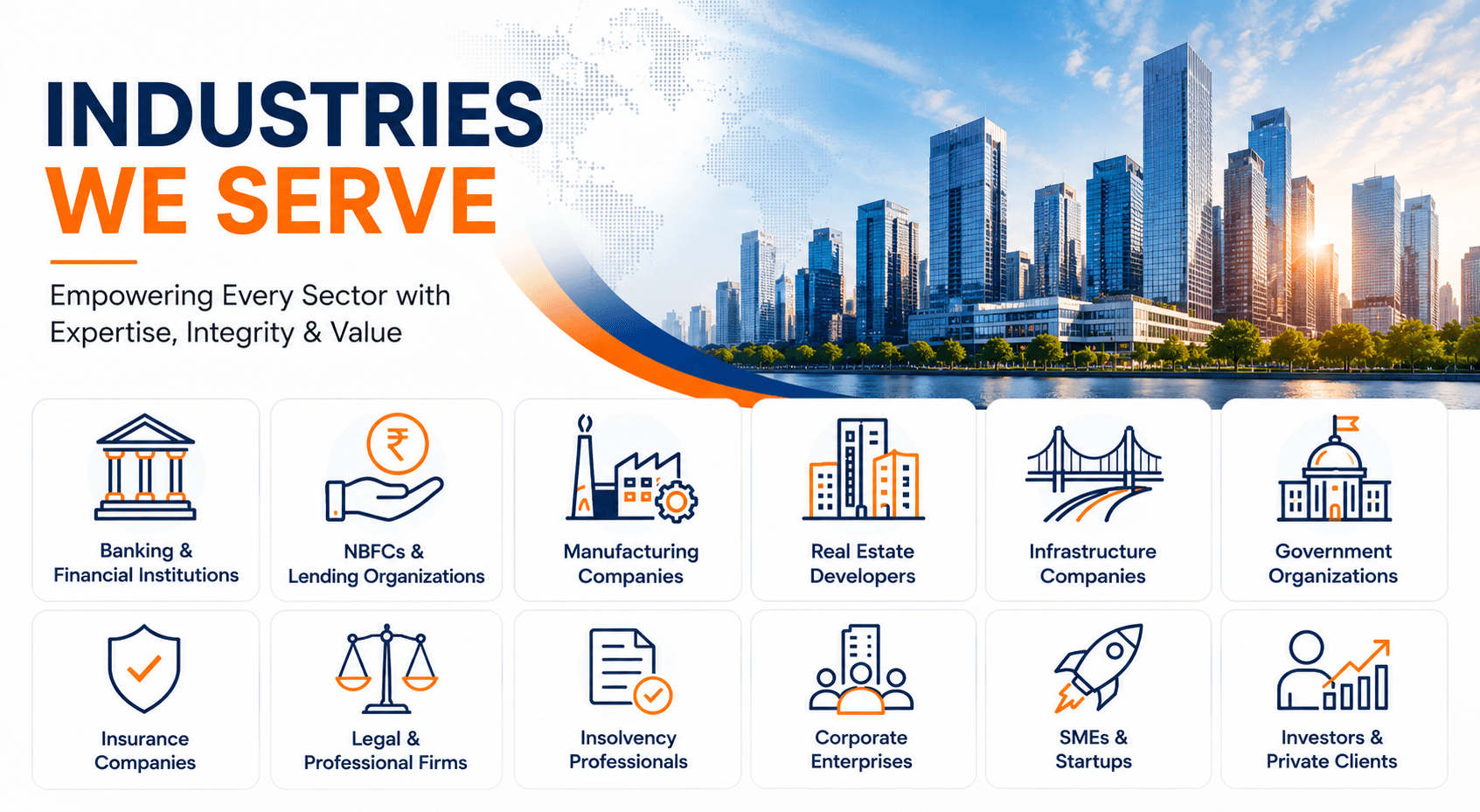 Shamuk India Industries We Serve banner showcasing professional valuation, inspection, verification, certification, investigation, and consultancy services for banking, manufacturing, real estate, infrastructure, insurance, government, corporate enterprises, SMEs, and investors across India.