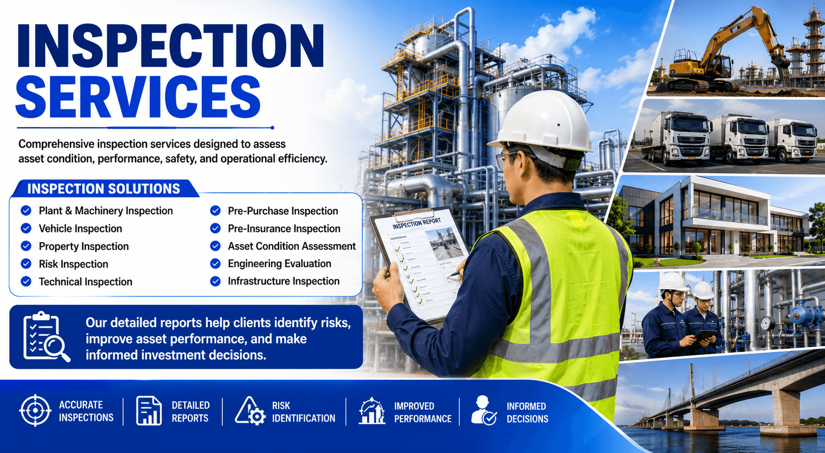 Inspection Services | Shamuk India Shamuk India Inspection Services banner showcasing plant and machinery inspection, vehicle inspection, property inspection, risk assessment, engineering evaluation, and infrastructure inspection services with industrial, commercial, and asset inspection visuals.