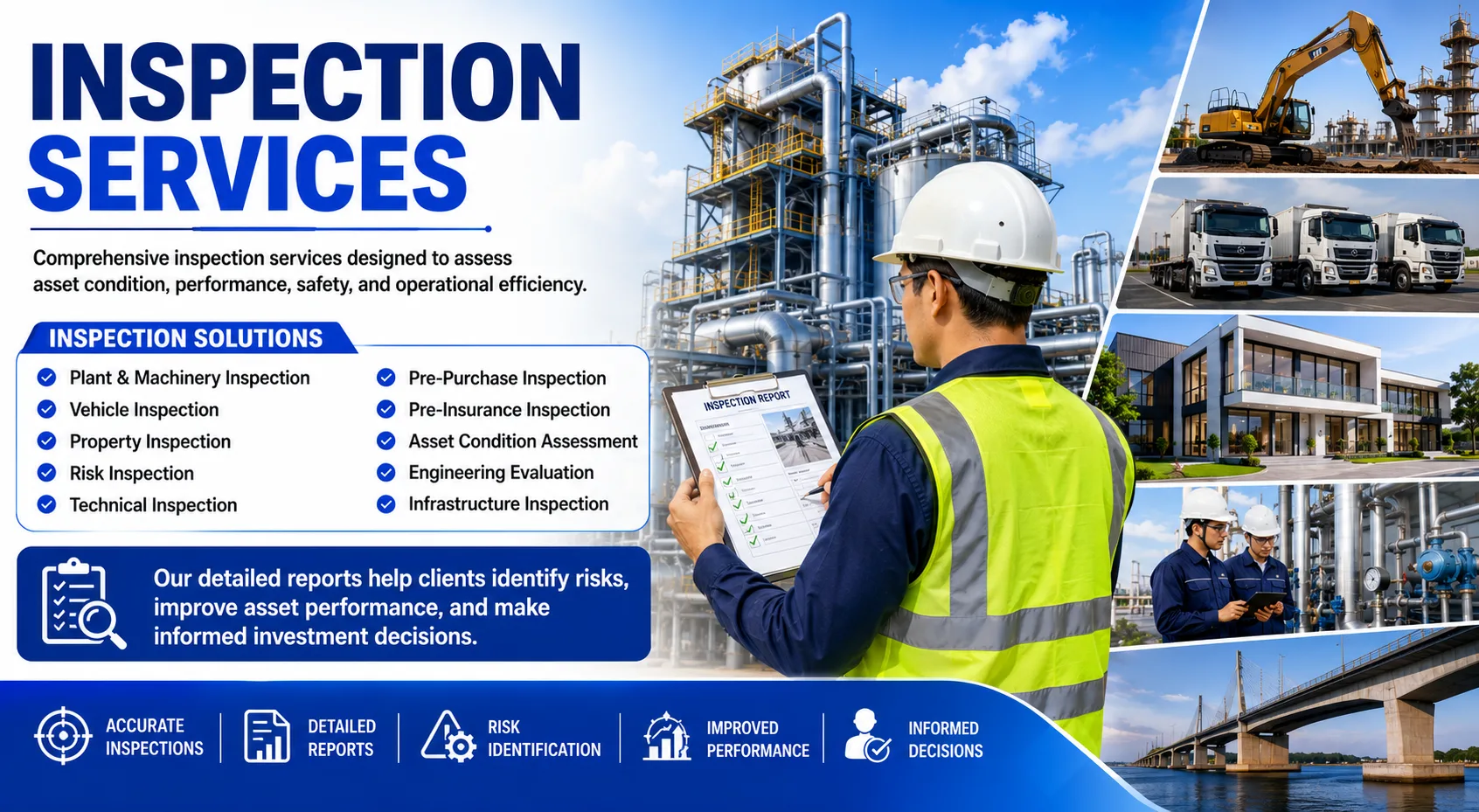 Shamuk India Inspection Services banner showcasing plant and machinery inspection, vehicle inspection, property inspection, risk assessment, engineering evaluation, and infrastructure inspection services with industrial, commercial, and asset inspection visuals.