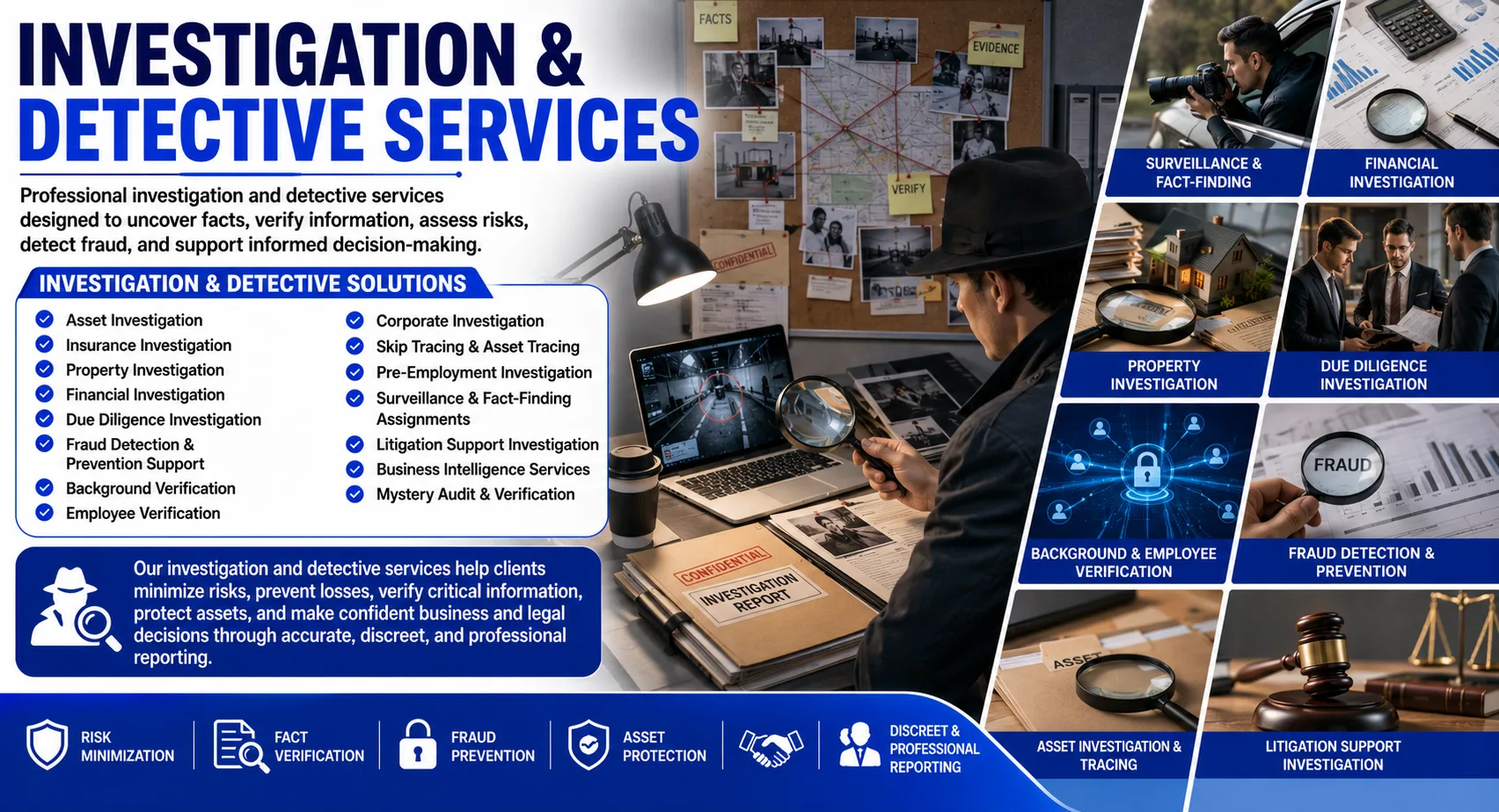Shamuk India Investigation & Detective Services banner showcasing asset investigation, insurance investigation, fraud detection, background verification, corporate investigation, surveillance, due diligence, and litigation support services.