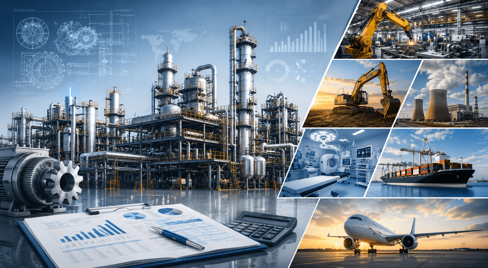 Shamuk India Plant & Machinery Valuation Services banner showcasing industrial manufacturing plants, heavy machinery, construction equipment, healthcare assets, power generation facilities, shipping vessels, aircraft, and specialized industrial equipment for professional asset valuation services across India.