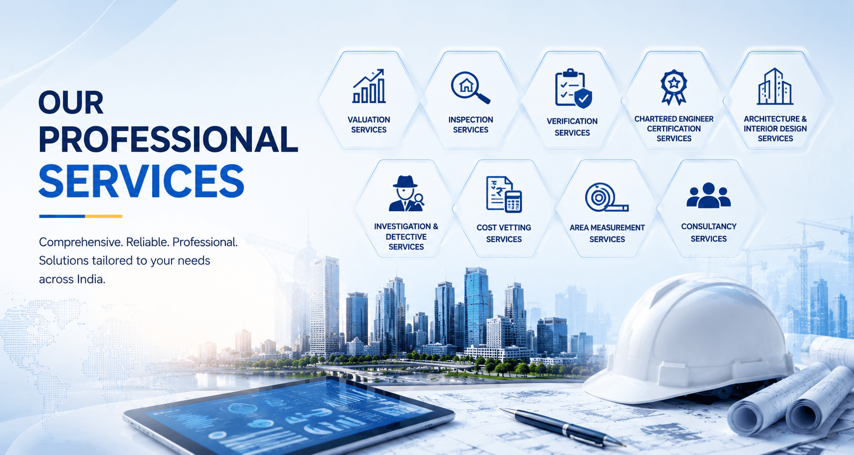 Shamuk India – Comprehensive Professional Services Across India Shamuk India professional services banner featuring valuation, inspection, verification, chartered engineer certification, architecture and interior design, investigation and detective, cost vetting, area measurement, and consultancy services with a modern cityscape and engineering background.
