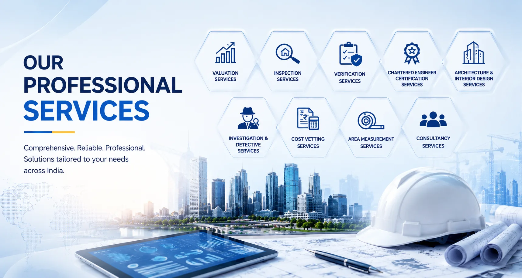 Shamuk India professional services banner featuring valuation, inspection, verification, chartered engineer certification, architecture and interior design, investigation and detective, cost vetting, area measurement, and consultancy services with a modern cityscape and engineering background.