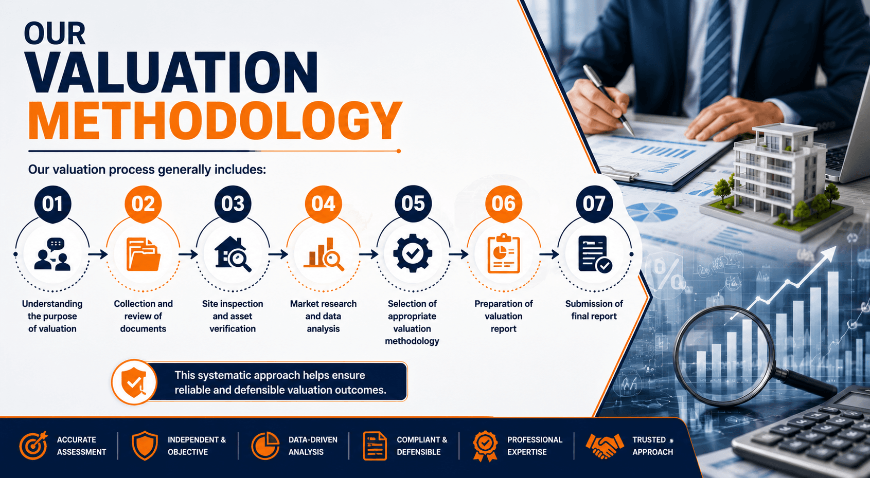 Shamuk India valuation methodology infographic illustrating the step-by-step asset valuation process including document review, site inspection, market analysis, valuation assessment, report preparation, and final submission.