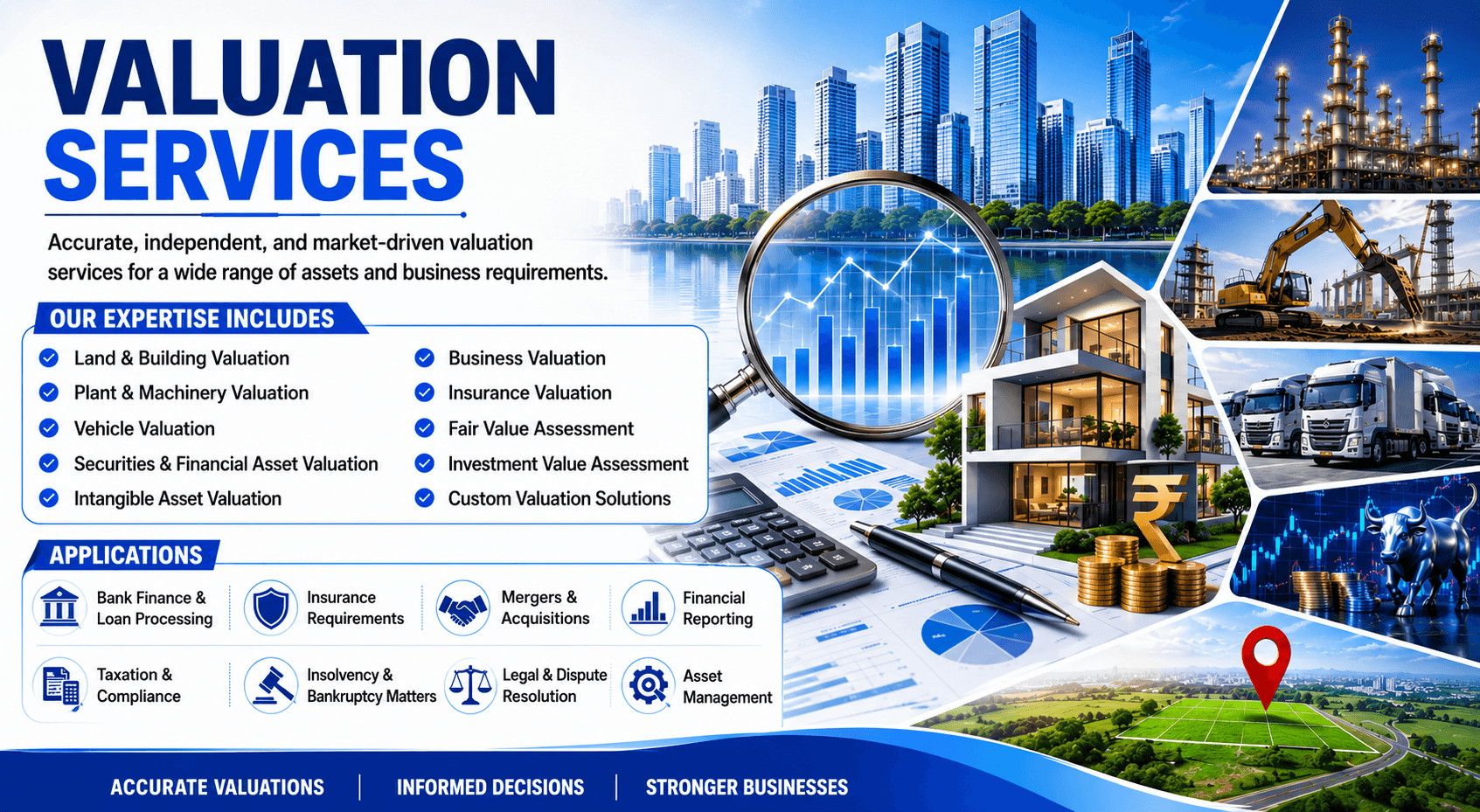 Valuation Services | Asset, Business & Property Valuation Experts | Shamuk India Shamuk India Valuation Services banner showcasing land and building valuation, plant and machinery valuation, vehicle valuation, business valuation, financial asset valuation, insurance valuation, and valuation solutions for diverse industries.