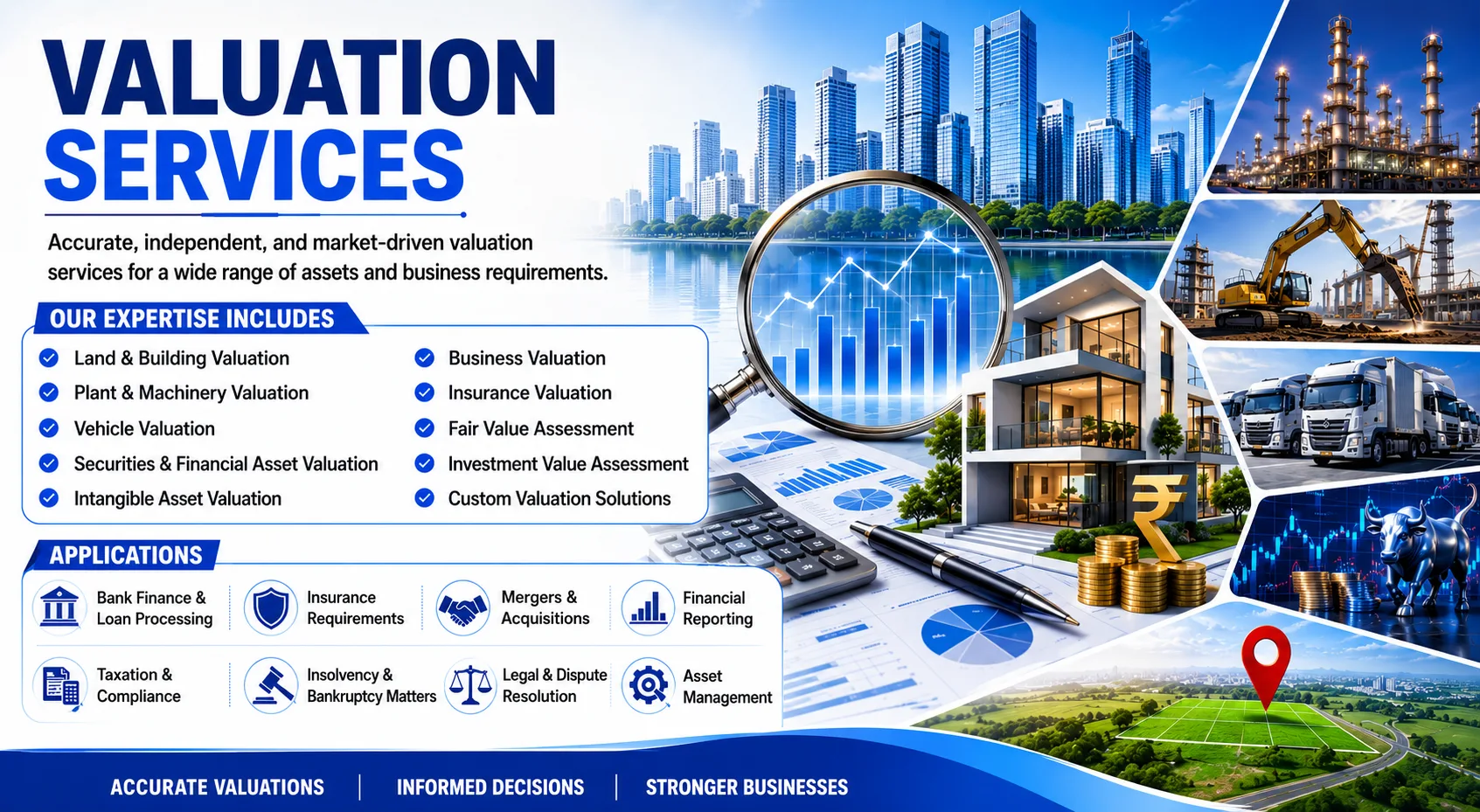 Shamuk India Valuation Services banner showcasing land and building valuation, plant and machinery valuation, vehicle valuation, business valuation, financial asset valuation, insurance valuation, and valuation solutions for diverse industries.