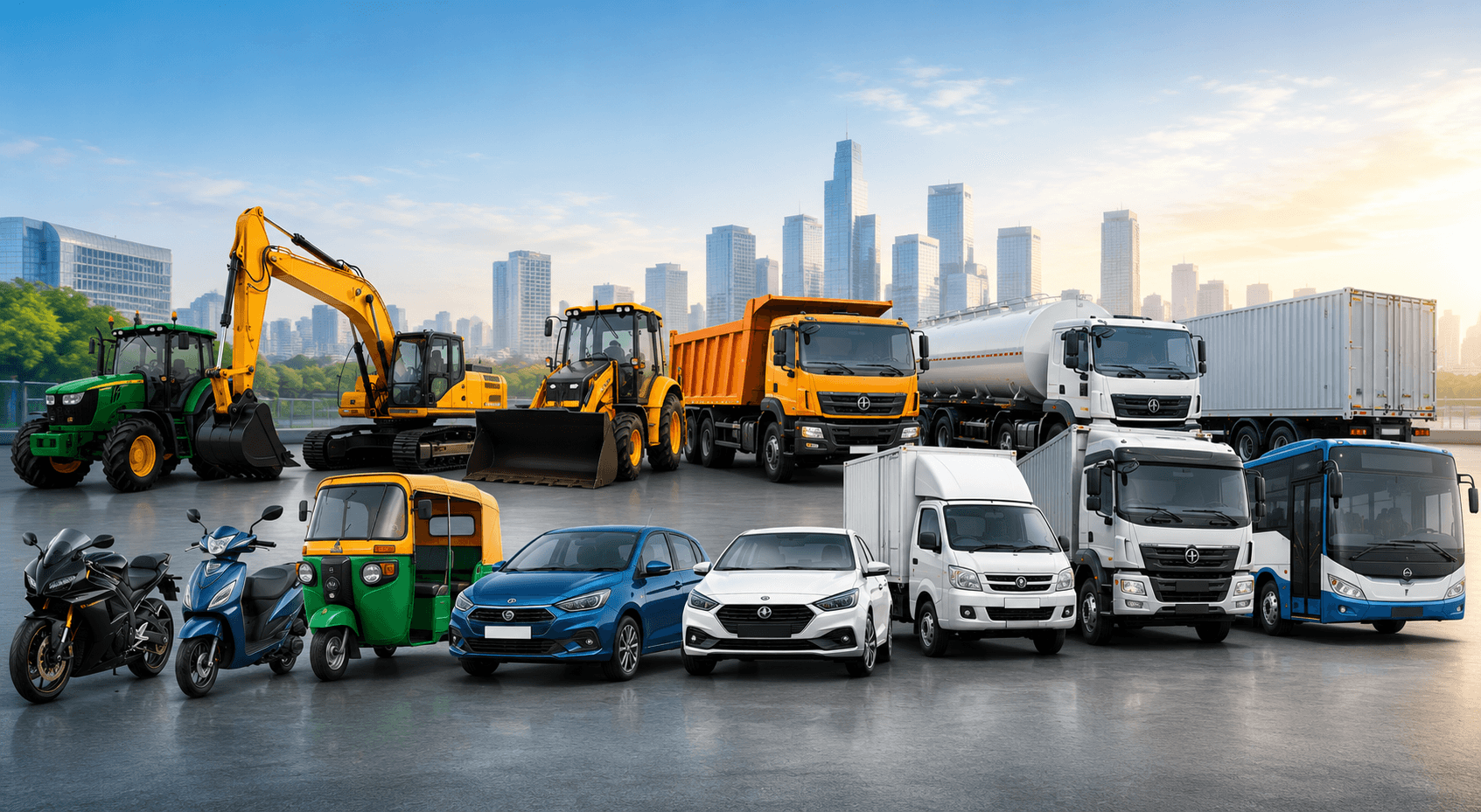 Shamuk India Vehicle Valuation Services banner featuring a diverse range of vehicles including motorcycles, scooters, auto-rickshaws, cars, pickup vans, buses, trucks, tankers, trailers, tractors, and construction equipment representing professional vehicle valuation solutions across India.