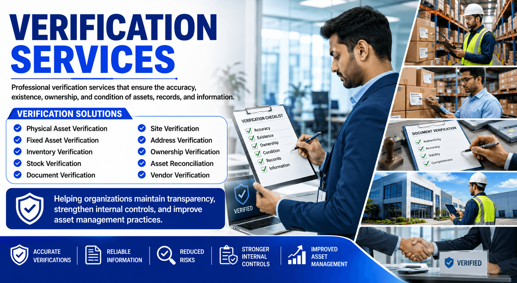 Verification Services | Asset & Document Verification Solutions | Shamuk India Shamuk India Verification Services banner showcasing physical asset verification, fixed asset verification, inventory verification, stock verification, document verification, site verification, ownership verification, and asset reconciliation solutions.