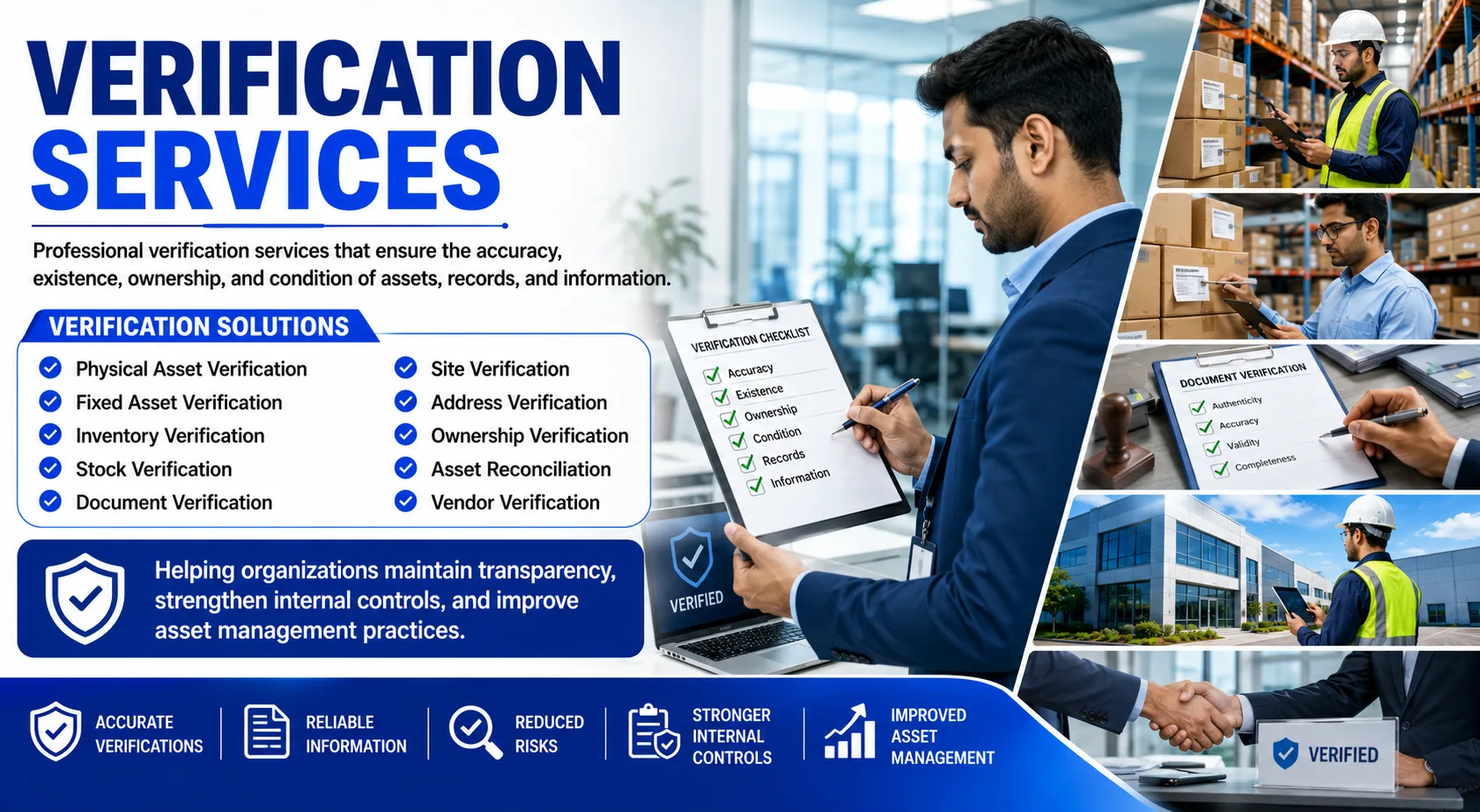 Shamuk India Verification Services banner showcasing physical asset verification, fixed asset verification, inventory verification, stock verification, document verification, site verification, ownership verification, and asset reconciliation solutions.