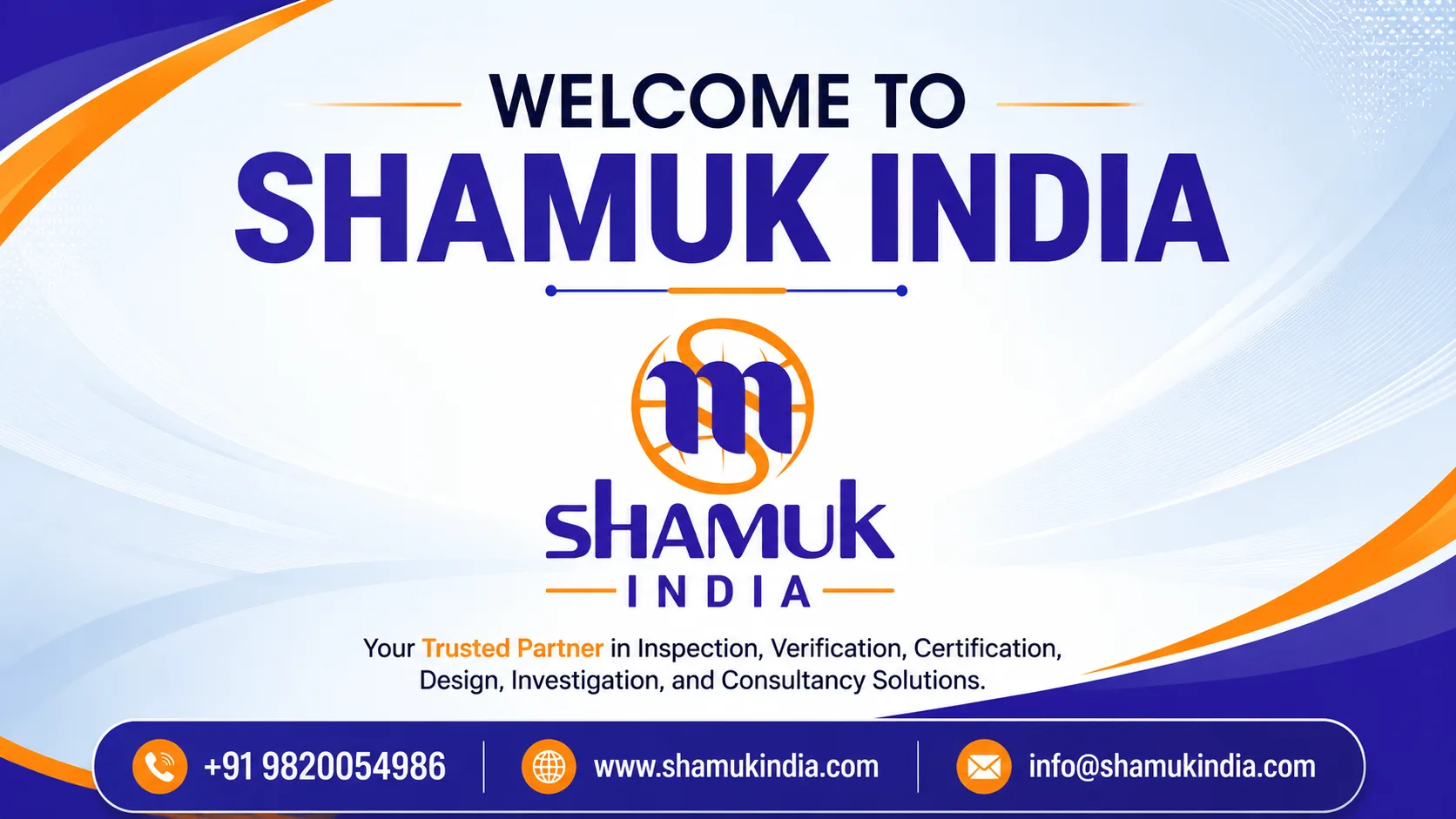 Welcome to Shamuk India corporate banner featuring the official Shamuk India logo, company branding, and contact information with a professional blue and orange design.
