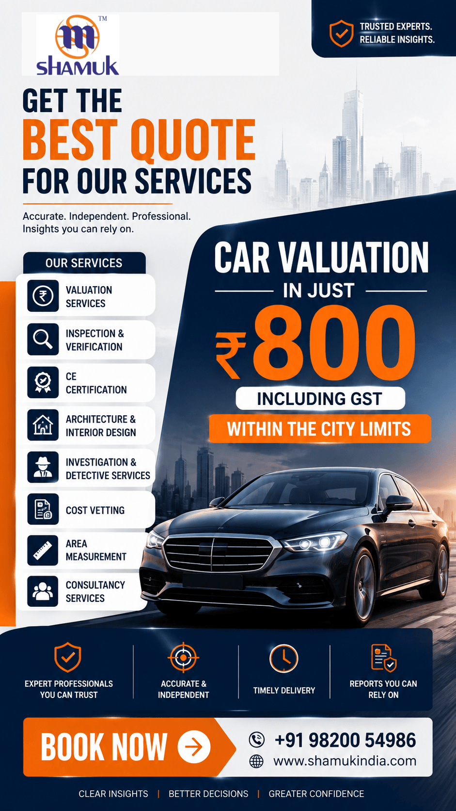 Shamuk India professional services advertisement featuring car valuation for ₹800 including GST within city limits, with valuation, inspection, verification, certification, architecture, investigation, cost vetting, area measurement, and consultancy services.