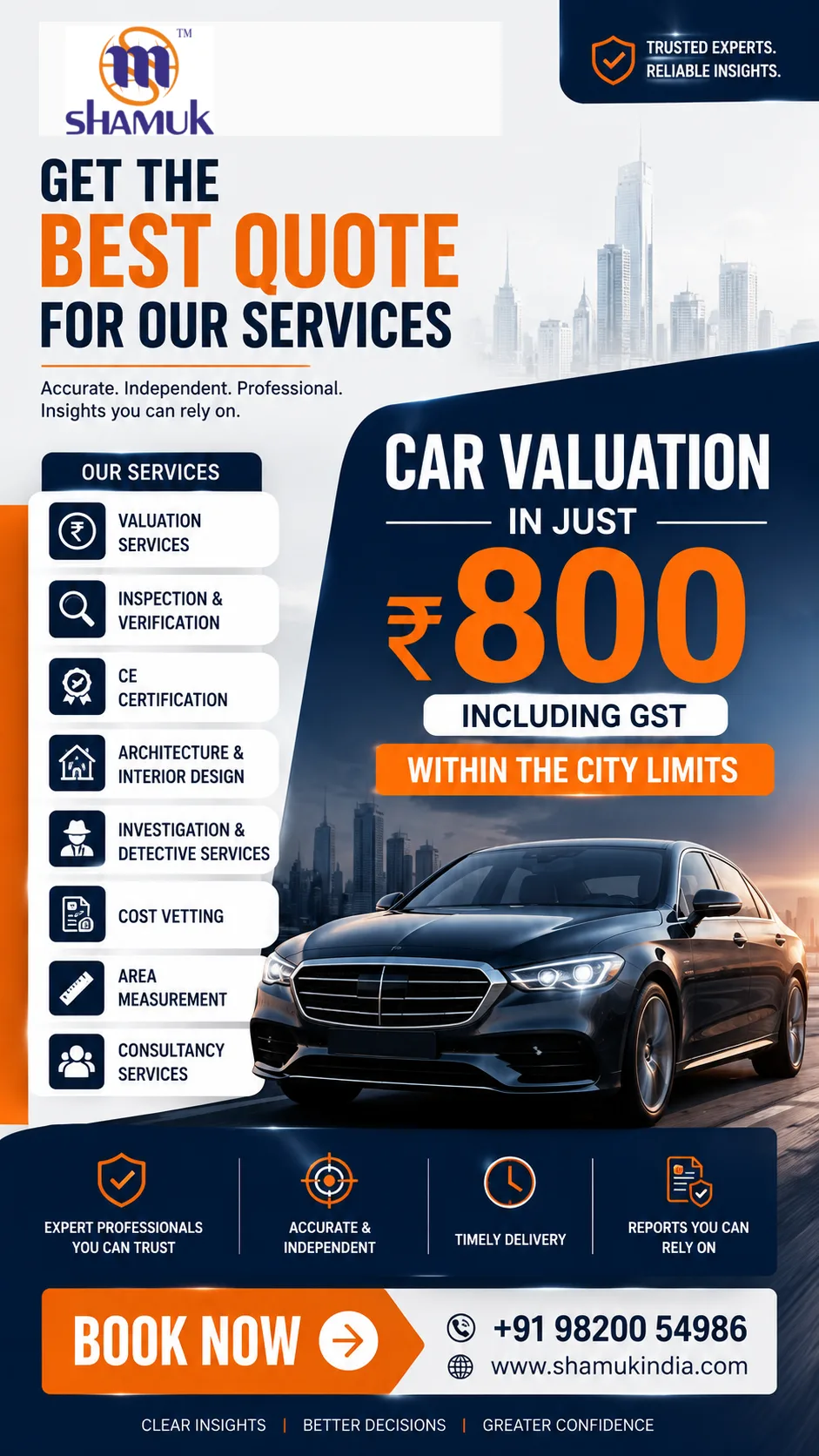 Shamuk India professional services advertisement featuring car valuation for ₹800 including GST within city limits, with valuation, inspection, verification, certification, architecture, investigation, cost vetting, area measurement, and consultancy services.